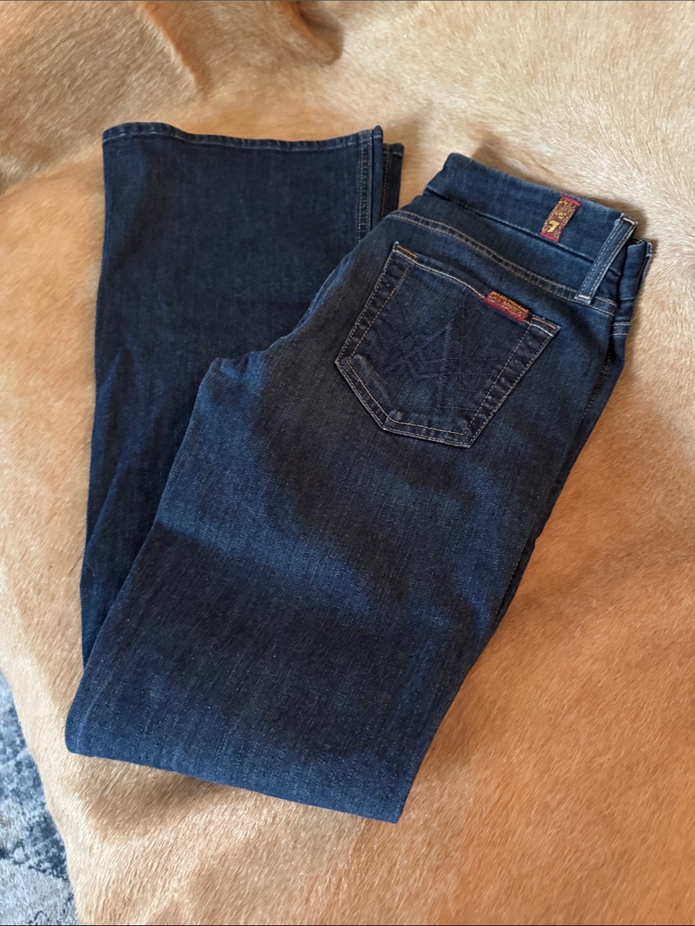 7 For All Mankind Dark Blue Flare Jeans 26 waist 30 inseam. โA Pocket โ stretch